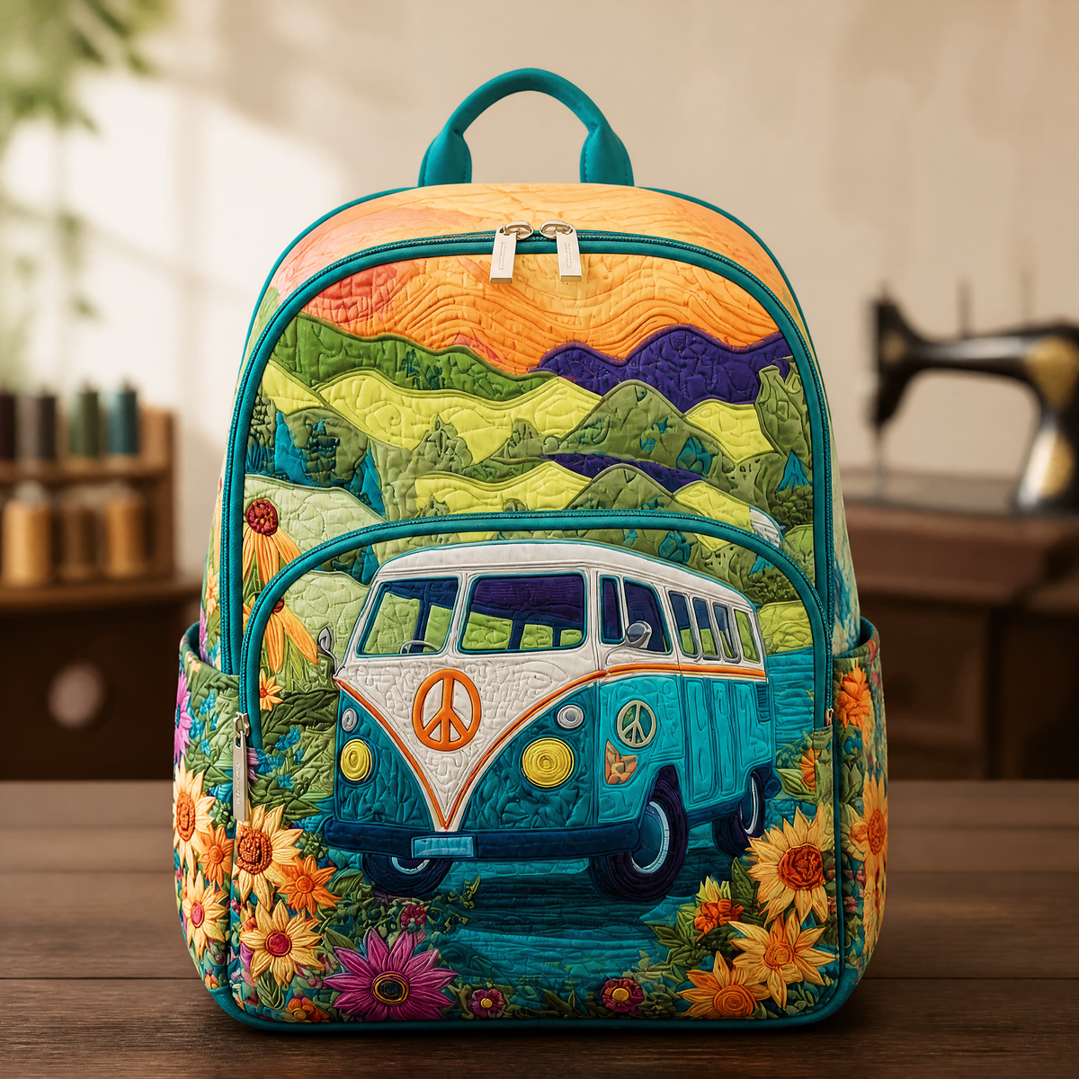 Mochila acolchada — Girasoles y montañas