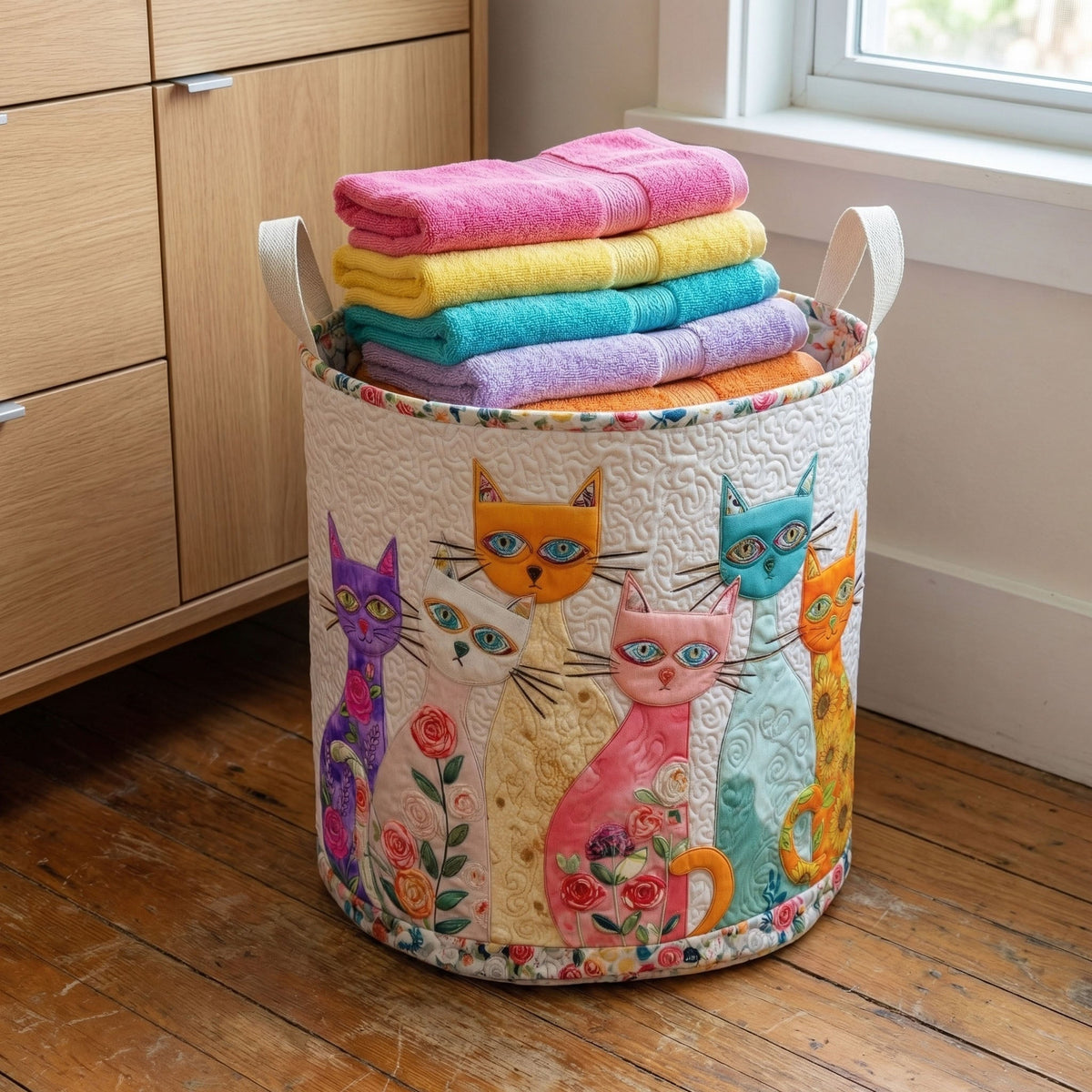 Canasto de ropa acolchado — Parche de Gatos Alegres