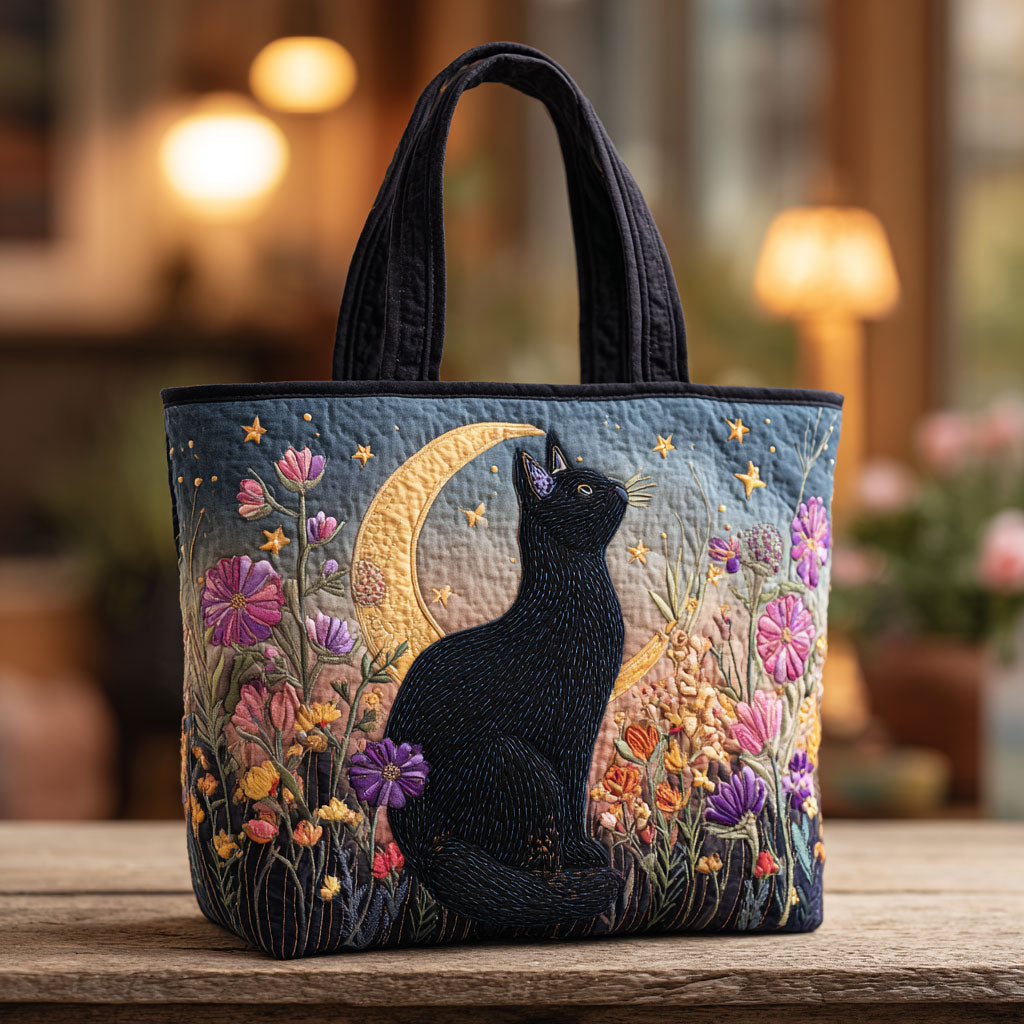 Bolso tote acolchado — Gato Negro en Noche de Luna