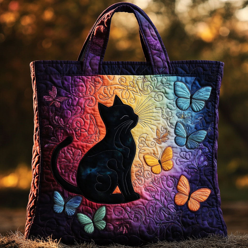 Bolso tote acolchado — Gato Negro y Mariposas en Violeta