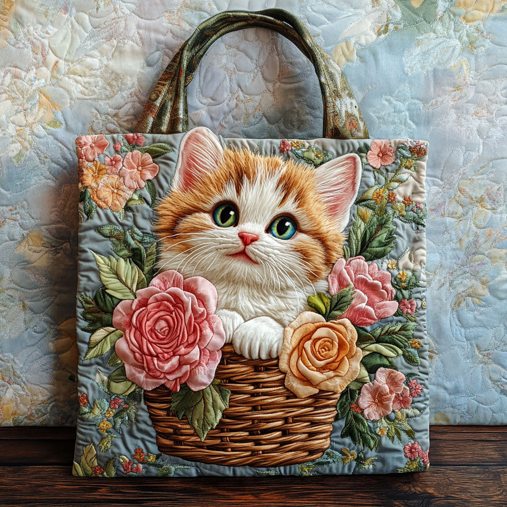 Bolso tote acolchado — Gatito en Canasta de Rosas