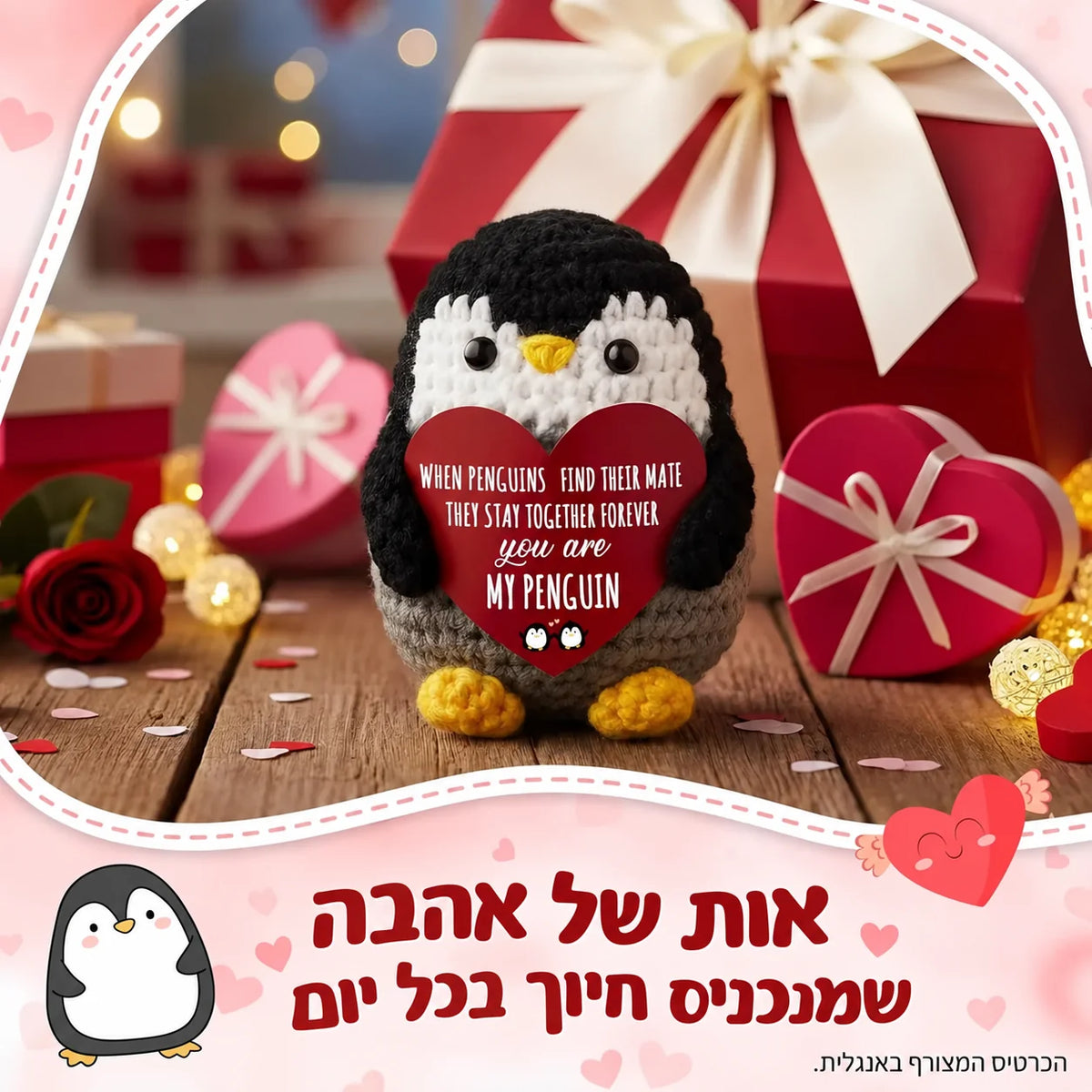 Pingüino tejido al crochet con mensaje de amor