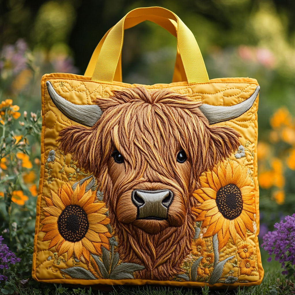 Bolso tote acolchado — Vaca Highland y Girasoles