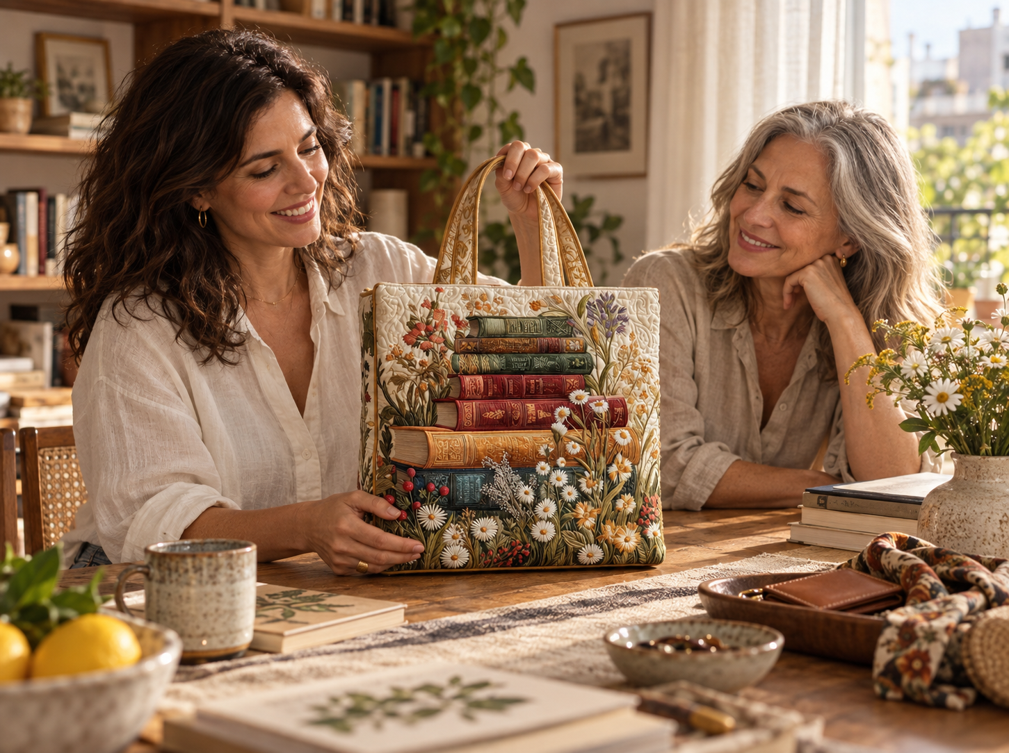 Dos mujeres comparten una tarde en casa con una cartera de flores y libros