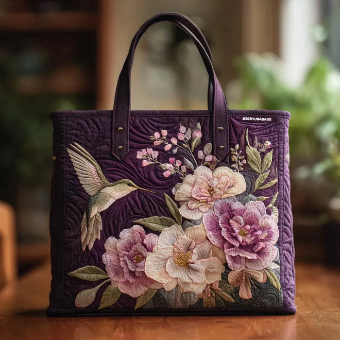Cartera Tote Acolchada Púrpura con Colibríes y Orquídeas