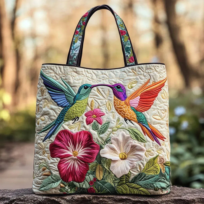 Cartera acolchada — Colibrí y Flores Blancas