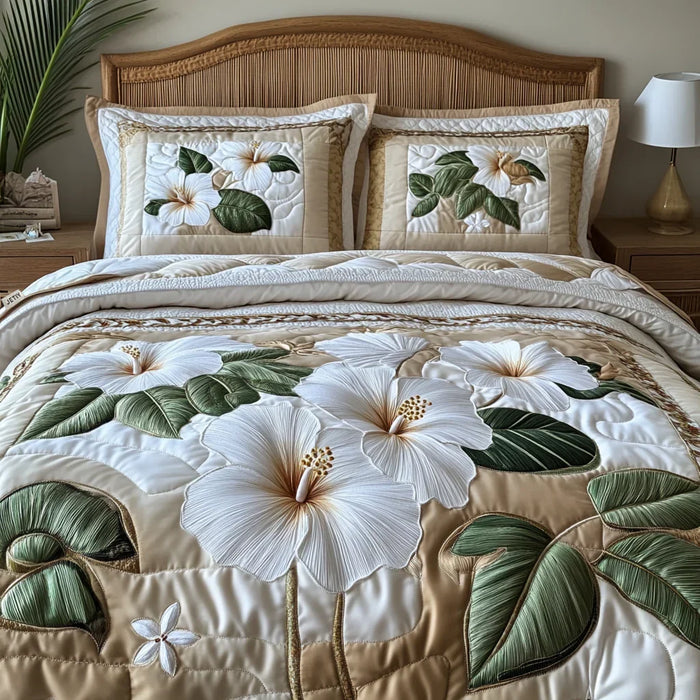 Conjunto de ropa de cama acolchada de 3 piezas — Hibisco Blanco