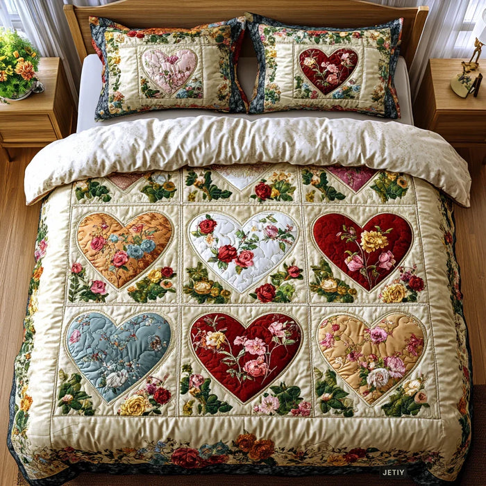 Conjunto de ropa de cama acolchada de 3 piezas — Corazones Enamorados