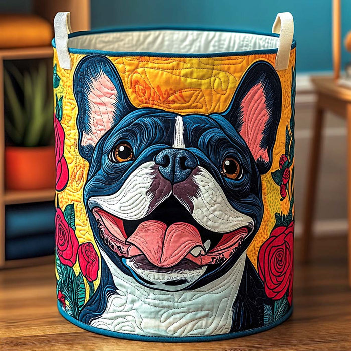 Canasto de ropa acolchado — Bulldog Francés entre Flores