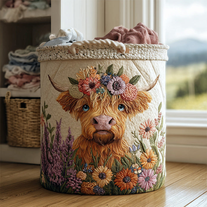 Canasto de ropa acolchado — Vaca Highland Floral