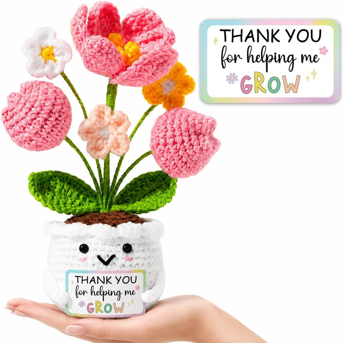 Ramo de tulipanes rosas tejido al crochet en maceta