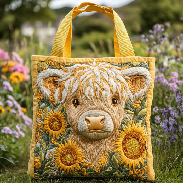 Bolso tote acolchado — Ternero Highland y Girasoles