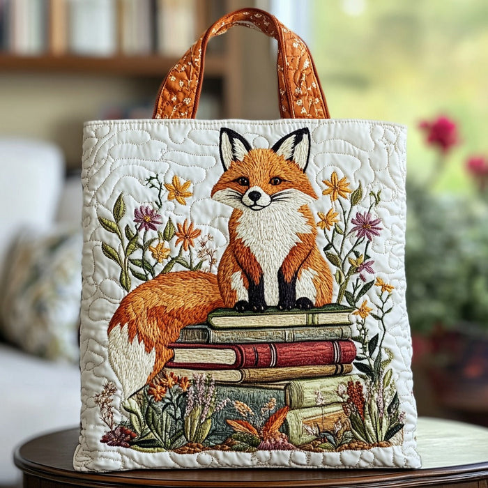 Bolso tote acolchado — Zorro sobre una Pila de Libros