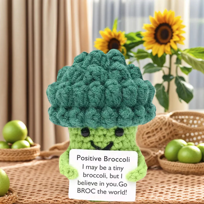 Brócoli tejido al crochet con mensaje de aliento