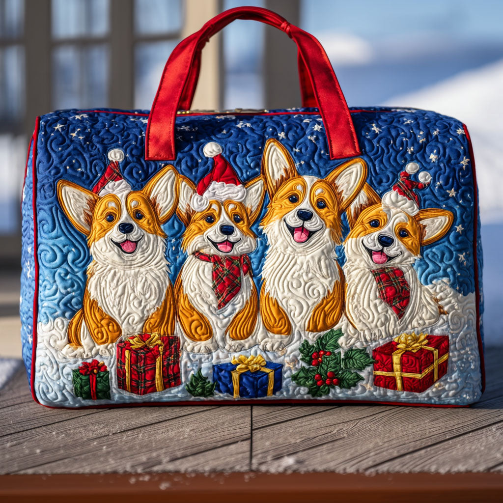Bolso duffle acolchado — Corgi con Gorros Navideños en Azul