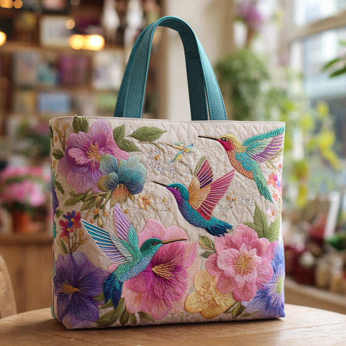 Bolso tote acolchado — Colibríes y Flores de Primavera