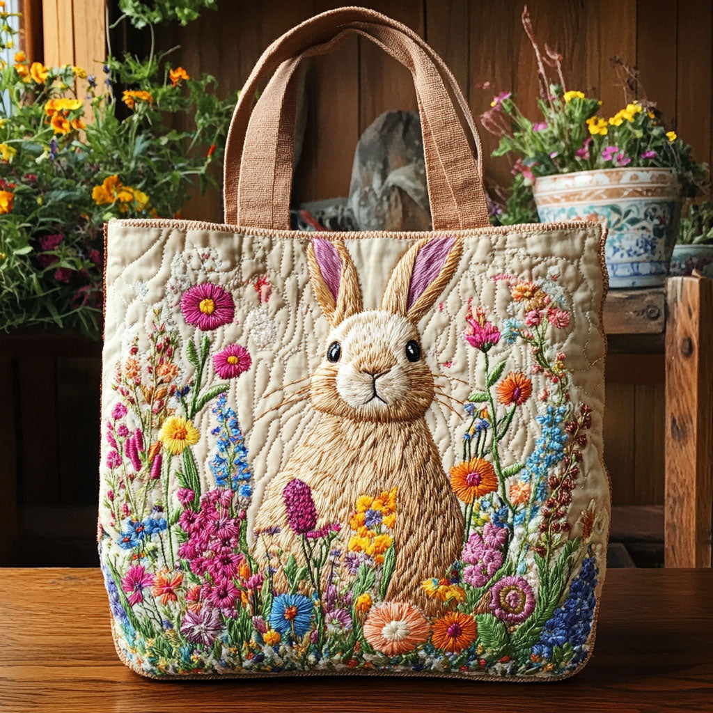 Bolso tote acolchado — Conejo en Jardín Florido