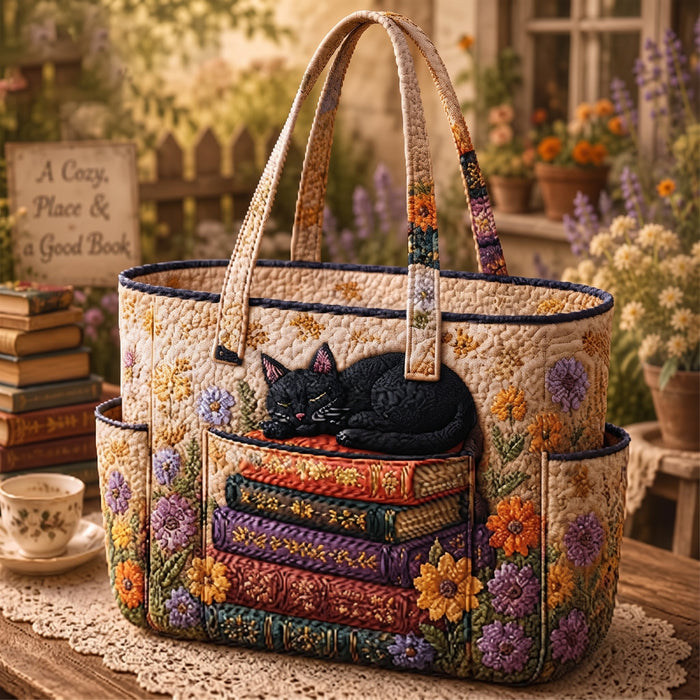 Bolso tote acolchado — Gato Negro Dormido sobre los Libros